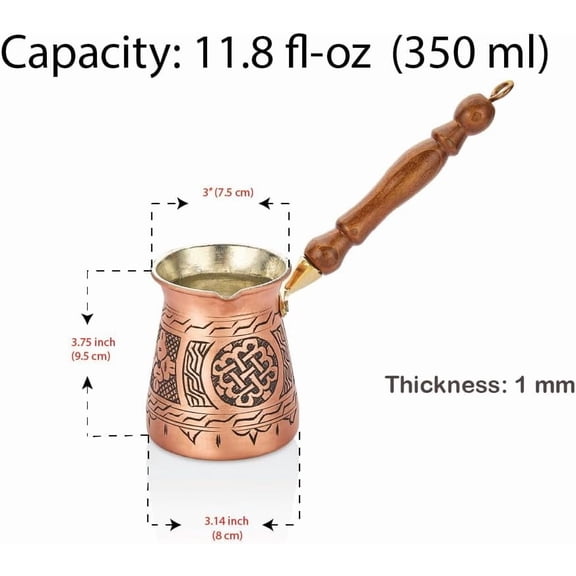 Handmade Copper Turkish Coffee Pot Kettle with Engraved Decors - 12 fl-oz (350 ml) Antique Vintage Decor for Stovetop Cooking