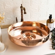 10" Handmade Hammered 100% Solid Copper Kitchen & Bathroom Vessel Sink Bowl   Countertop Basin for Vanity & Powder Room | Eco-Friendly Rustic Copper Sink | Drain Cap Included
