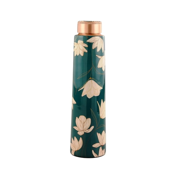 Handmade Copper Water Bottle 1 Liter, Green - Blue Jaipuri Dots Meena Exact Handcrafted | Tamba Water Bottle