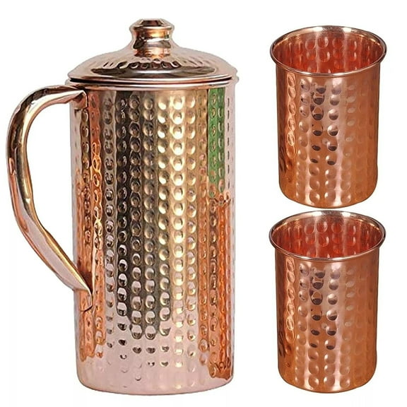 Handmade Copper Water Jug Pitcher Hammered Pot With 2 Glass For Health Benefits (1500 ml, 300 ml)