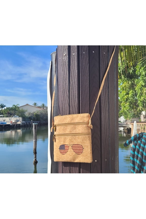 Handmade Cork crossbody bag vegan sustainable organic eco friendly gifts USA Flag lightweight durable waterproof