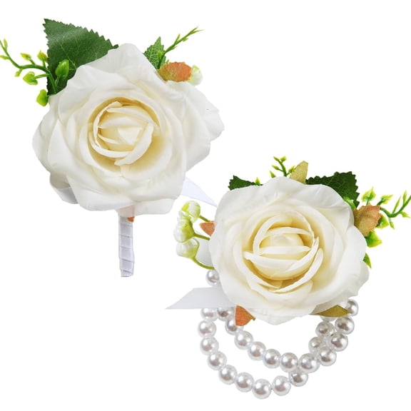 Handmade Corsage and Boutonniere Set, Rose Wrist Corsage and Men Boutonniere for Wedding Party Prom Anniversary Homecoming Decorations (CoralPeach)