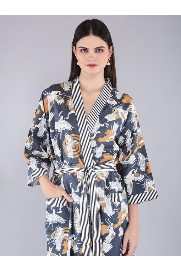 Handmade Cotton Block Print Kimono Robe  Lightweight Floral Dressing Gown