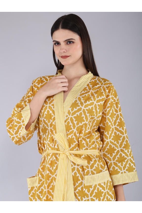 Handmade Cotton Block Print Kimono Robe  Lightweight Floral Dressing Gown