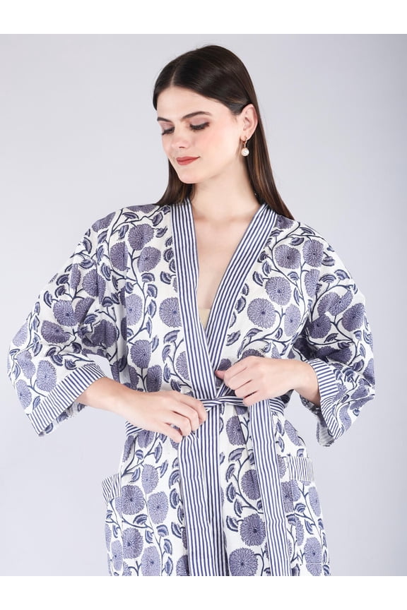 Handmade Cotton Block Print Kimono Robe  Lightweight Floral Dressing Gown