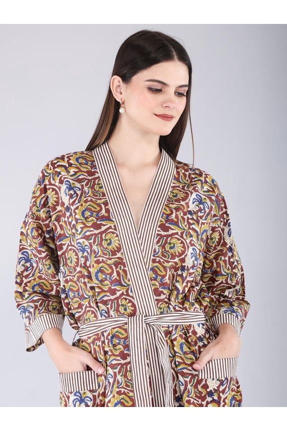 Handmade Cotton Block Print Kimono Robe  Lightweight Floral Dressing Gown