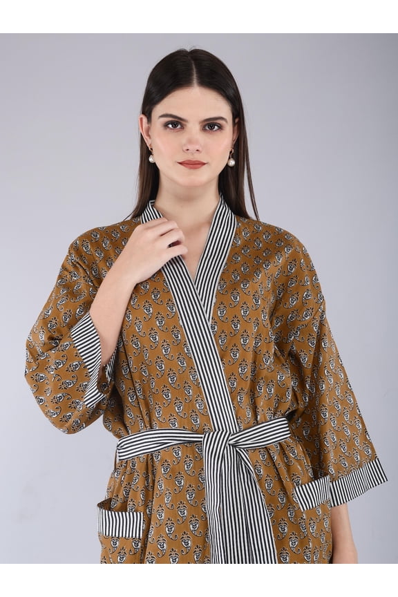 Handmade Cotton Block Print Kimono Robe  Lightweight Floral Dressing Gown