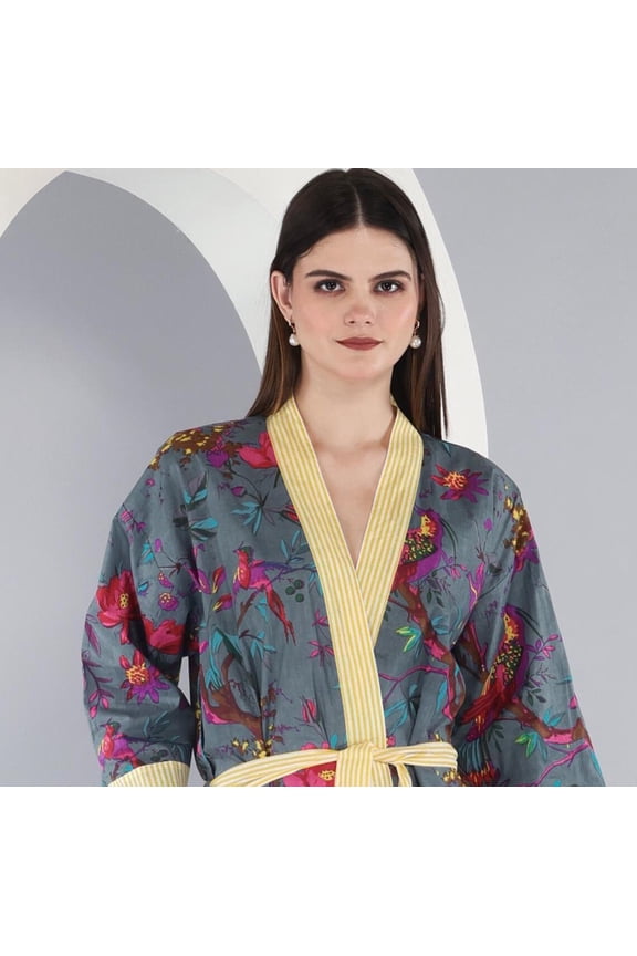 Handmade Cotton Block Print Kimono Robe  Lightweight Floral Dressing Gown
