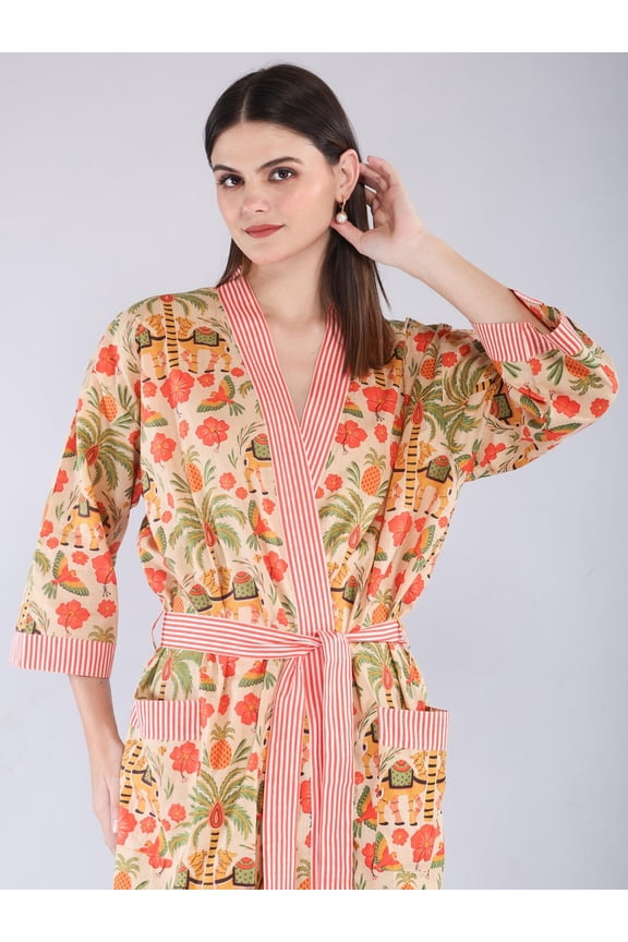 Handmade Cotton Block Print Kimono Robe  Lightweight Floral Dressing Gown