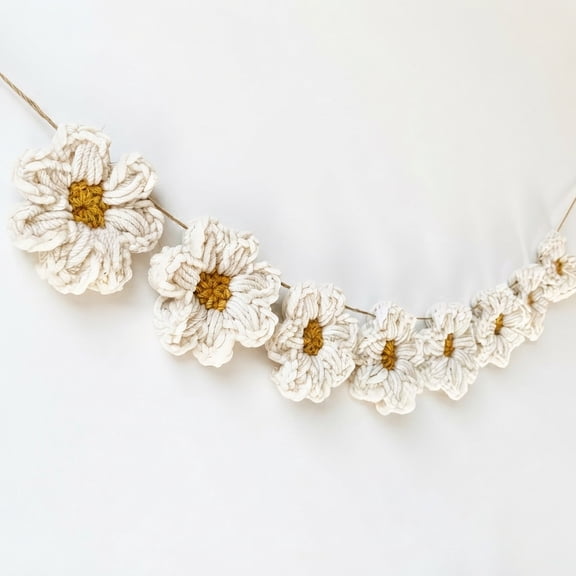Handmade Cotton Crochet Daisy String Wall Hanging, 15.7 Inch Cream White Decor With 8 Daisy Flowers, Boho Ornament for Bedroom Living Room Home Wall Decor