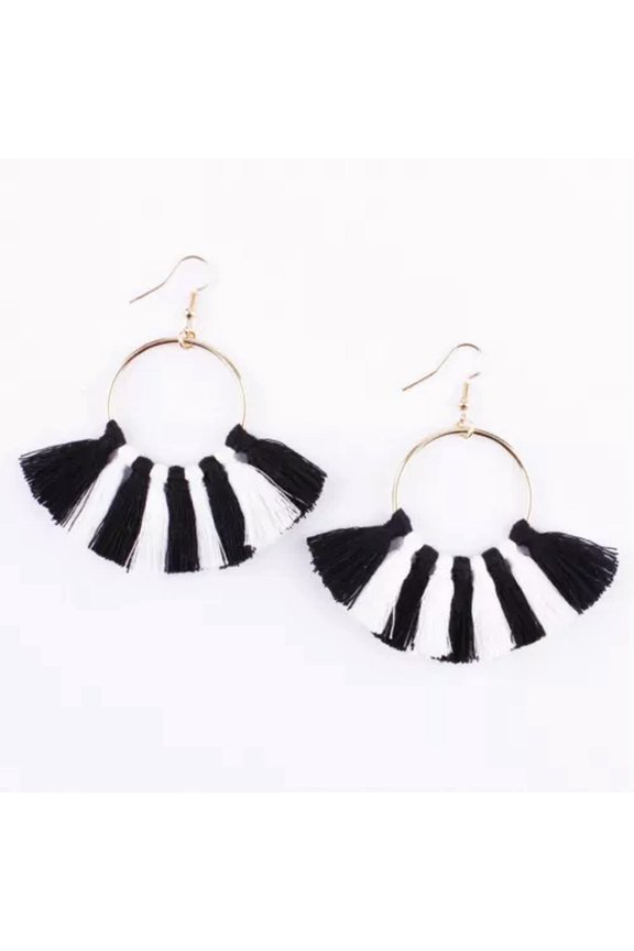 Handmade Cotton Fringe Tassel Statement Earrings with Gold Circle Women Jewelry