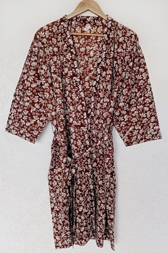 Handmade Cotton Kaftan Robe: Brown Floral Block Print Kimono