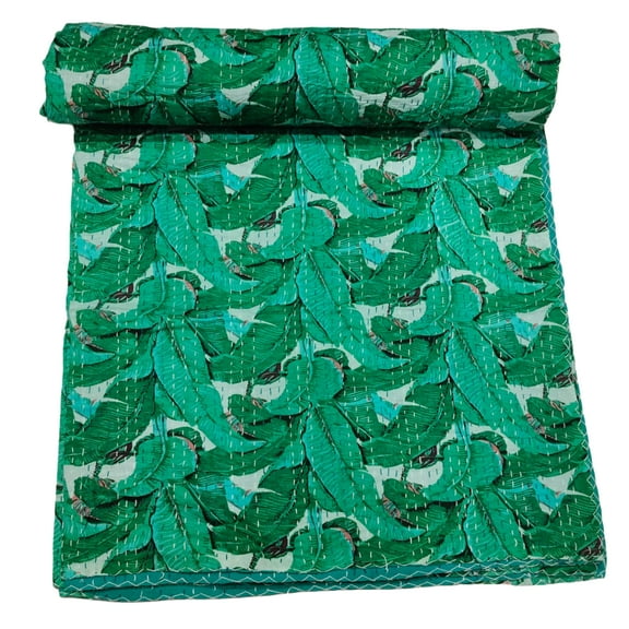 Handmade Cotton Kantha Quilt, Green Tropical Leaf Pattern Design Kantha Gudri,Bedspread,Bedsheet,Throw Blanket Size ( Single 60" x 90" )