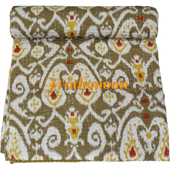 Handmade Cotton Kantha Quilt, Ikat Flower Print with Colorfull Accents, Traditional Indian Kantha Gudri (Queen Size - 90" x 108")