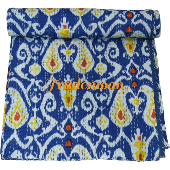 Handmade Cotton Kantha Quilt, Ikat Flower Print with Colorfull Accents, Traditional Indian Kantha Gudri (Twin Size - 60" x 90")