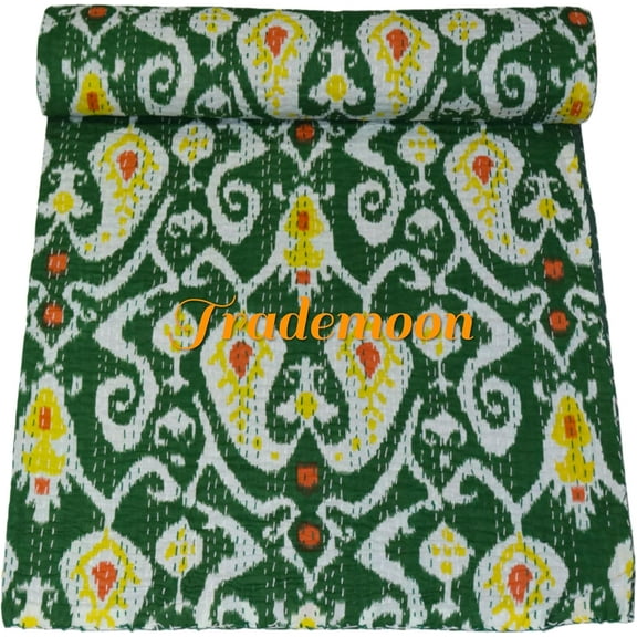 Handmade Cotton Kantha Quilt, Ikat Flower Print with Colorfull Accents, Traditional Indian Kantha Gudri (Twin Size - 60" x 90")