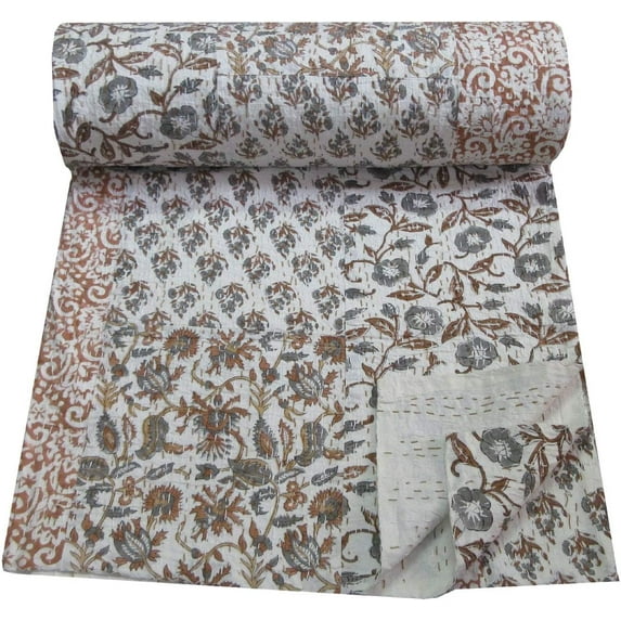 Handmade Cotton Kantha Quilt – Lightweight, Reversible Throw Blanket Size - Queen / Double - 90 x 108 Inch / 228 cm x 274 cm
