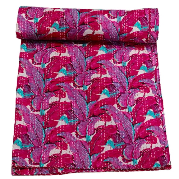 Handmade Cotton Kantha Quilt, Pink Tropical Leaf Pattern Design Kantha Gudri,Bedspread,Bedsheet,Throw Blanket Size( King 108" x 108" )