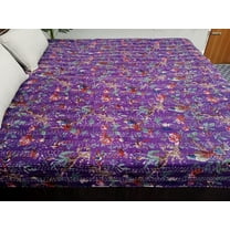 Handmade Cotton Kantha Quilt – Purple Floral & Bird Print Bedspread Twin Size