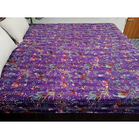 Handmade Cotton Kantha Quilt – Purple Floral & Bird Print Bedspread Twin Size