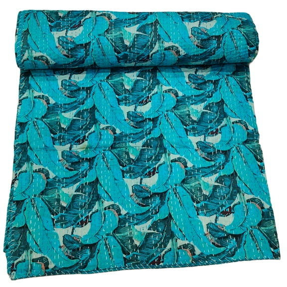 Handmade Cotton Kantha Quilt, Turquoise Tropical Leaf Pattern Design Kantha Gudri,Bedspread,Bedsheet,Throw Blanket Size( King 108" x 108" )