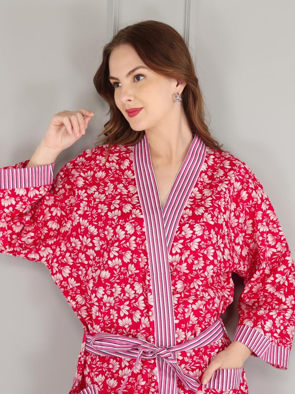 Handmade Cotton Kimono Robe | Block Print Dressing Gown | Lightweight Lounge Wear | Summer Boho Bathrobe
