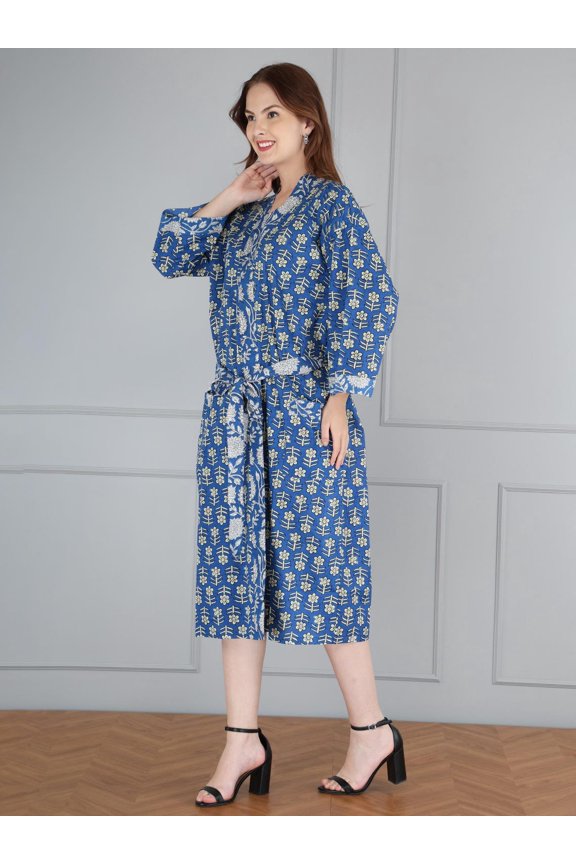 Handmade Cotton Kimono Robe: Blue Floral Block Print Bohemian Kaftan