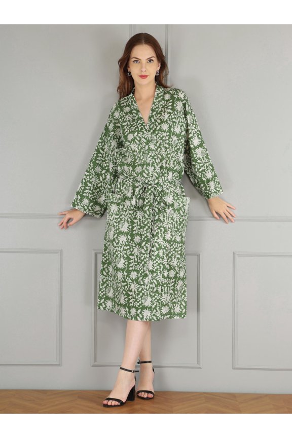 Handmade Cotton Kimono Robe: Green Floral Block Print Boho Kaftan