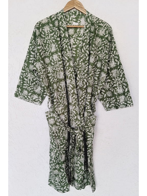 Handmade Cotton Kimono Robe: Green Floral Block Print Boho Kaftan