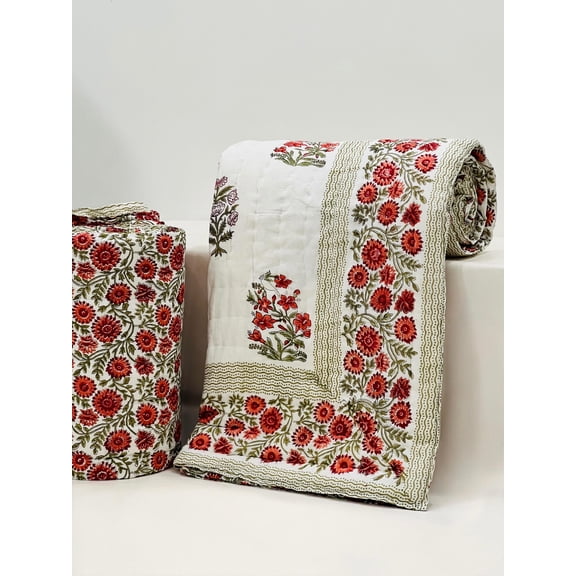 Handmade Cotton Quilt | Soft Quilted Blanket | Block Print Bed Cover | Cottagecore Bedding | Sustainable Home Dcor(HBQURQ1015)