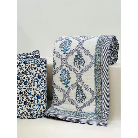 Handmade Cotton Quilt | Soft Quilted Blanket | Block Print Bed Cover | Cottagecore Bedding | Sustainable Home Dcor(HBQURQ1018)