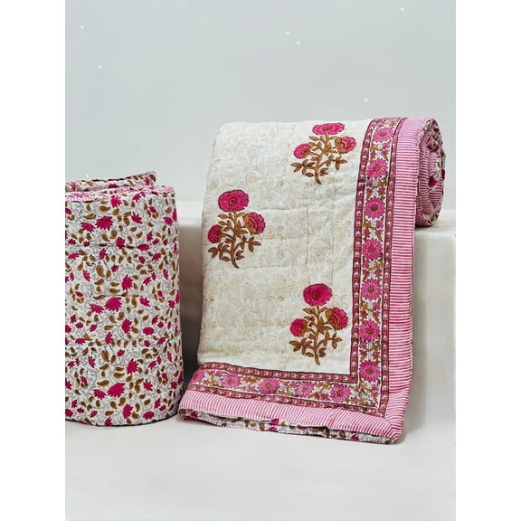 Handmade Cotton Quilt | Soft Quilted Blanket | Block Print Bed Cover | Cottagecore Bedding | Sustainable Home Dcor(HBQURQ1024)