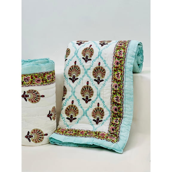 Handmade Cotton Quilt | Soft Quilted Blanket | Block Print Bed Cover | Cottagecore Bedding | Sustainable Home Dcor(HBQURQ1025)