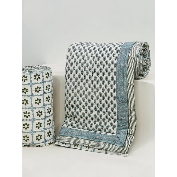 Handmade Cotton Quilt | Soft Quilted Blanket | Block Print Bed Cover | Cottagecore Bedding | Sustainable Home Dcor(HBQURQ1031)