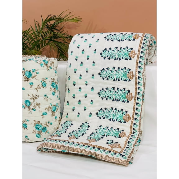Cottagecore Block Print Cotton Quilt - Soft Quilted - Handmade