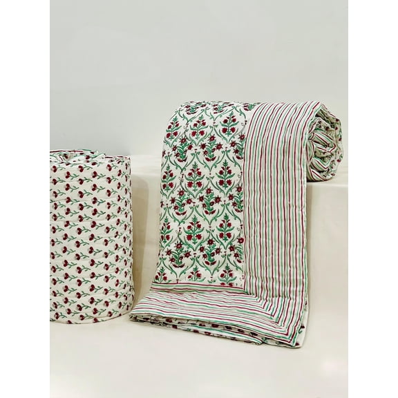 Handmade Cotton Quilt | Soft Quilted Blanket | Block Print Bed Cover | Cottagecore Bedding | Sustainable Home Dcor(HBQURQ1035)