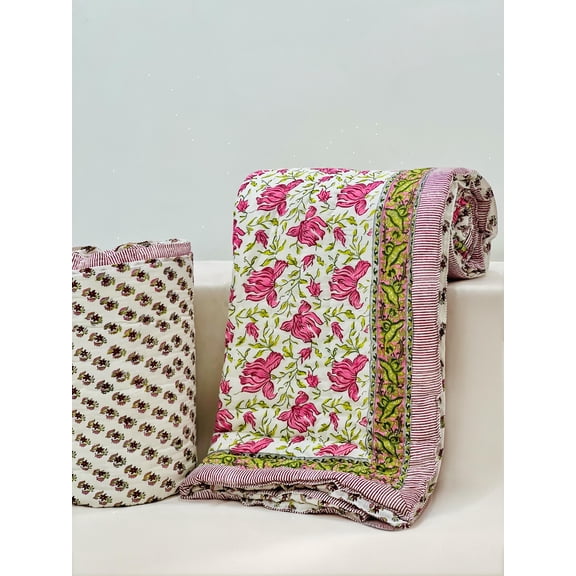 Handmade Cotton Quilt | Soft Quilted Blanket | Block Print Bed Cover | Cottagecore Bedding | Sustainable Home Dcor(HBQURQ1042)