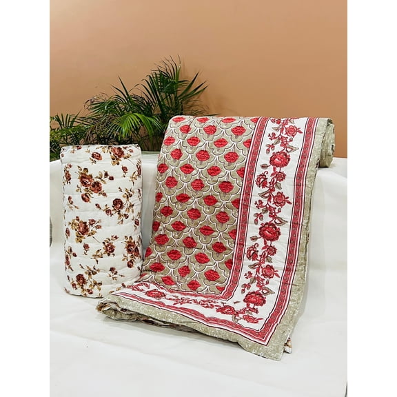 Handmade Cotton Quilt | Soft Quilted Blanket | Block Print Bed Cover | Cottagecore Bedding | Sustainable Home Dcor(HBQURQ1050)