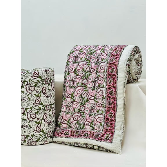 Handmade Cotton Quilt | Soft Quilted Blanket | Block Print Bed Cover | Cottagecore Bedding | Sustainable Home Dcor(HBQURQ1052)