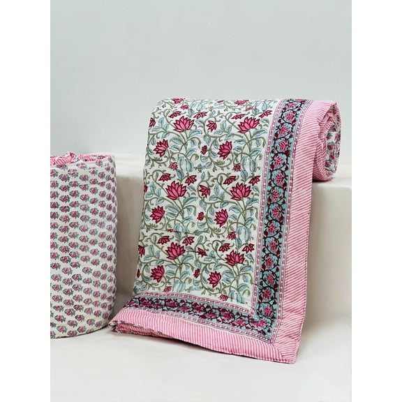 Handmade Cotton Quilt | Soft Quilted Blanket | Block Print Bed Cover | Cottagecore Bedding | Sustainable Home Dcor(HBQURQ1053)