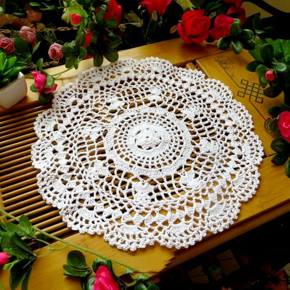 Handmade Cotton Table Mat with Lace - 10.8 Inch Circular Crochet Placemat for Dining & Christmas Table Decor (1PC)