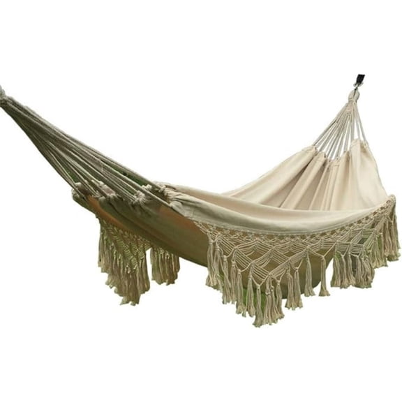 Handmade Cotton Woven Balcony Hammock Hanging Rope Chair Porch Swing with Crochet Fringe for Backyard Patio Garden Outdoor and Indoor Style