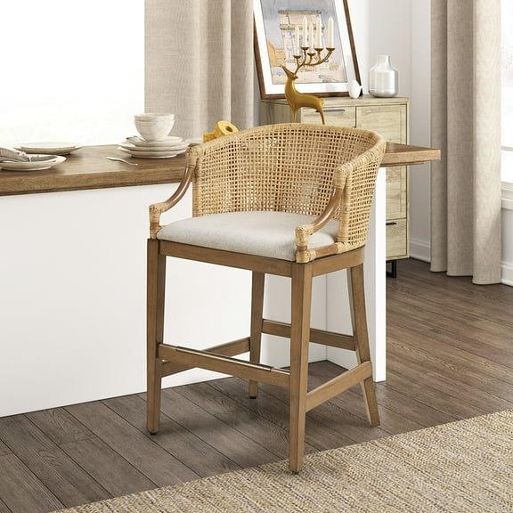 Handmade Counter Stool 25" Tall - Natural Experience, Linen Upholstered Relaxing Area, Stable Solid Wood Legs, Antique Bronze Decorating Classic H With Comfortable Upholstery And Frame