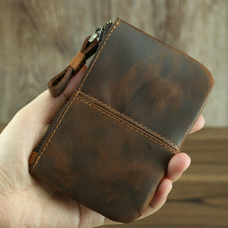 Handmade Cowhide Leather Vintage Zipper Wallet Men Square Coin Purse Card  Holder