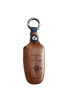 Handmade Crazy Horse Leather 5 Button Smart Key Fob Cover Compatible with Ford, Retro Leather Fob Cover Compatible with Ford Mondeo Focus, Protective Case with Metal Keychain for Car Key Styling