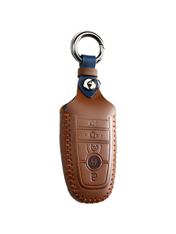 Handmade Crazy Horse Leather 5 Button Smart Key Fob Cover Compatible with Ford, Retro Leather Fob Cover Compatible with Ford Mondeo Focus, Protective Case with Metal Keychain for Car Key Styling