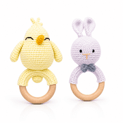 Handmade Crochet Animal Ring Toy Set, Knitted Chick and Bunny Character Collection with Wooden Grasp Rings, Decorative Nursery Gift Set