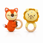 Handmade Crochet Animal Ring Toy Set, Knitted Fox and Lion Character Collection with Wooden Grasp Rings