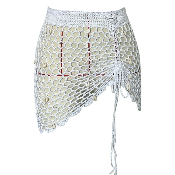 "Handmade Crochet Beach Cover Up Skirt With Drawstring Pendant And Side Hollow Design