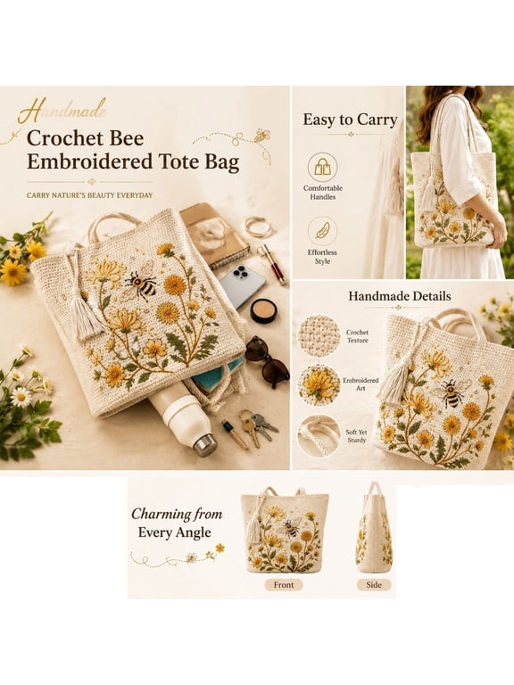 Handmade Crochet Bee Embroidered Tote Bag Bee Floral, Floral Vintage Shoulder Purse for Women Cotton Canvas Cottagecore Beach Bag,1PCS